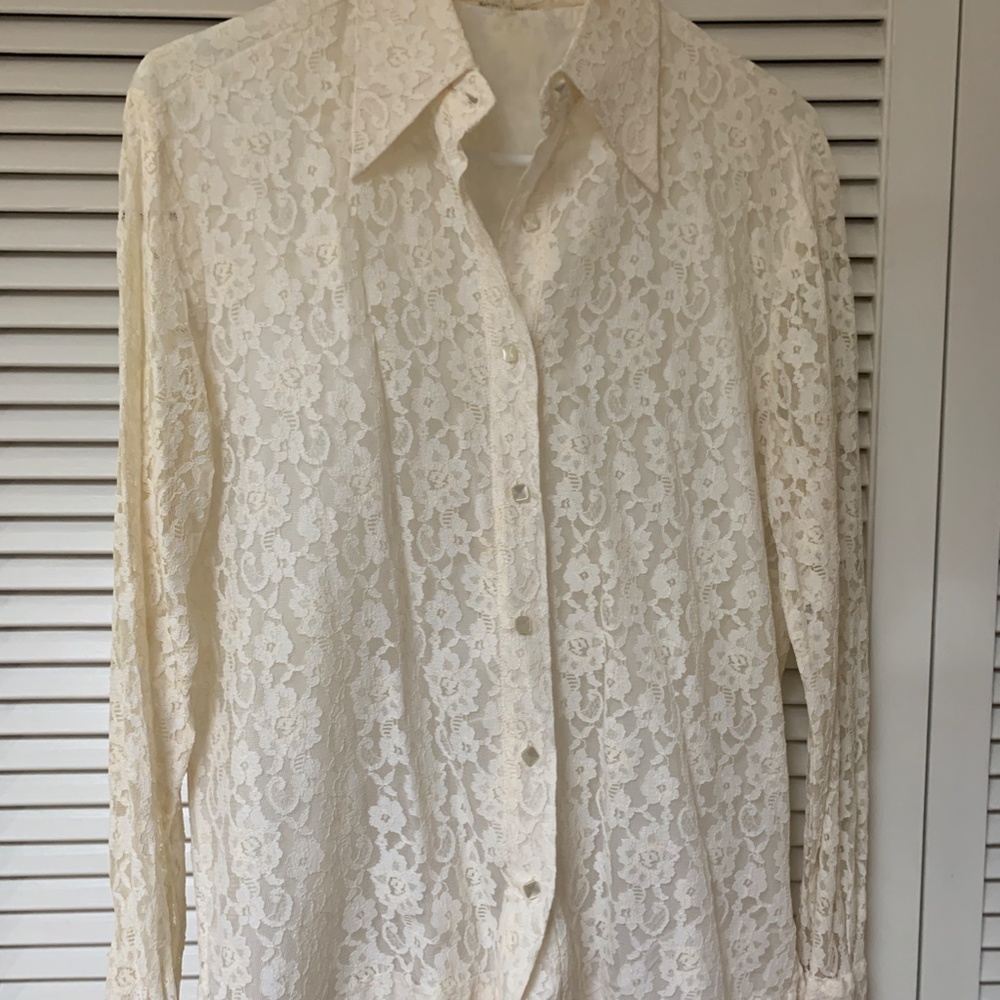 Beautiful Vintage 1970's Lace Long Sleeve Blouse Lined Light Cream